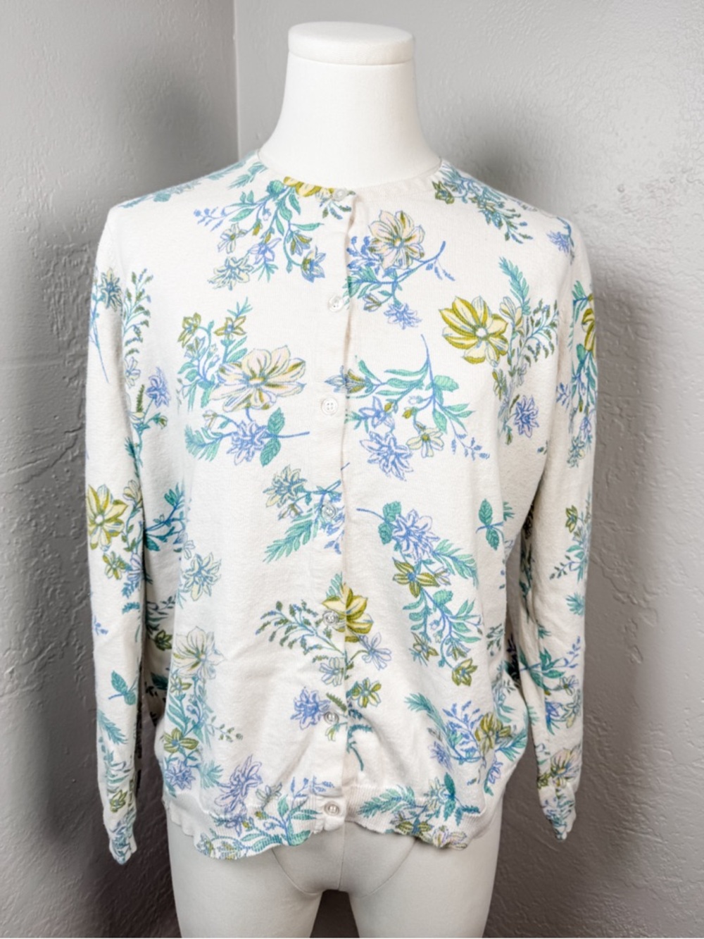 WoolOvers Floral Cotton Cashmere Cardigan Cottagecore Sweater L